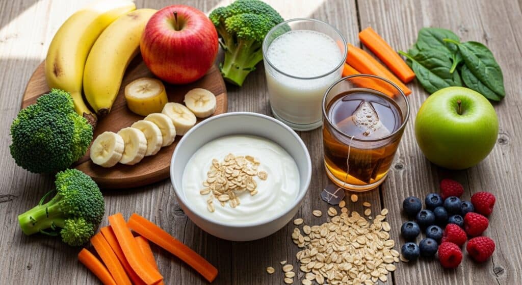 Alimentos naturales ricos en fibra y probióticos para prevenir el síndrome del intestino irritable.