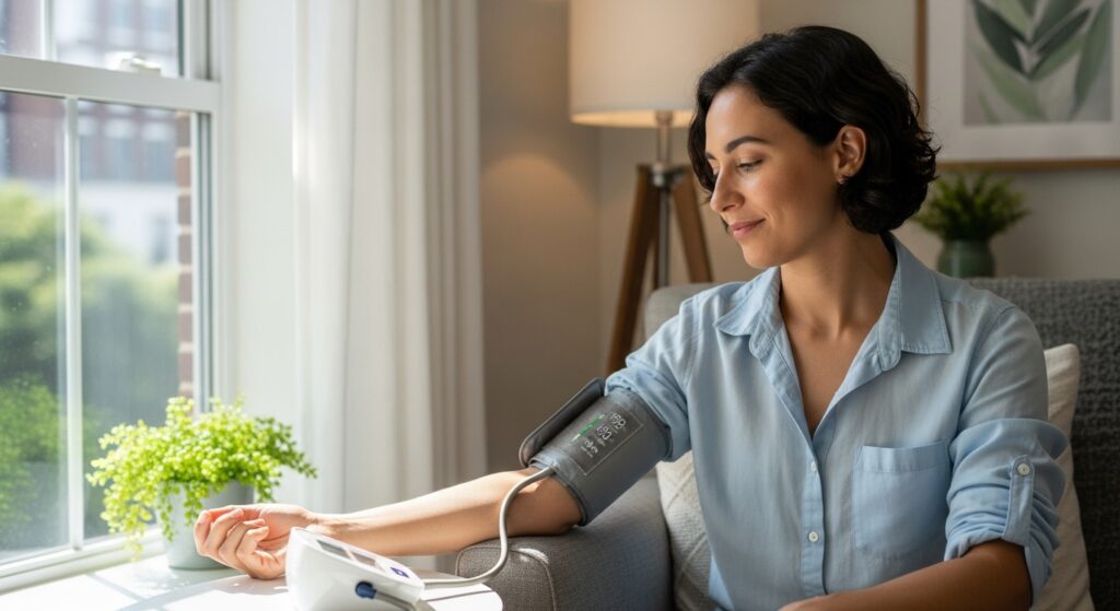 persona sentada midiendo presión en casa, luz de ventana, gesto relajado.