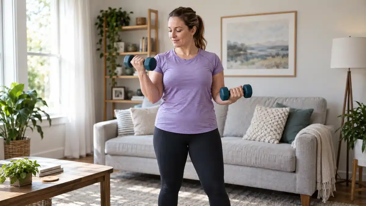 Mujer realizando un ejercicio de fuerza con mancuernas en casa