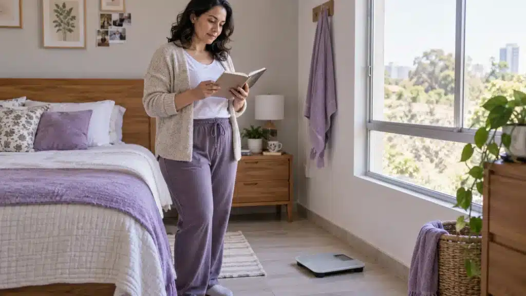 Mujer revisando sus notas junto a una báscula en casa