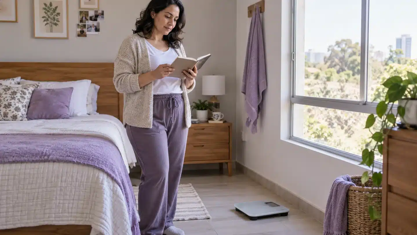 Mujer revisando sus notas junto a una báscula en casa