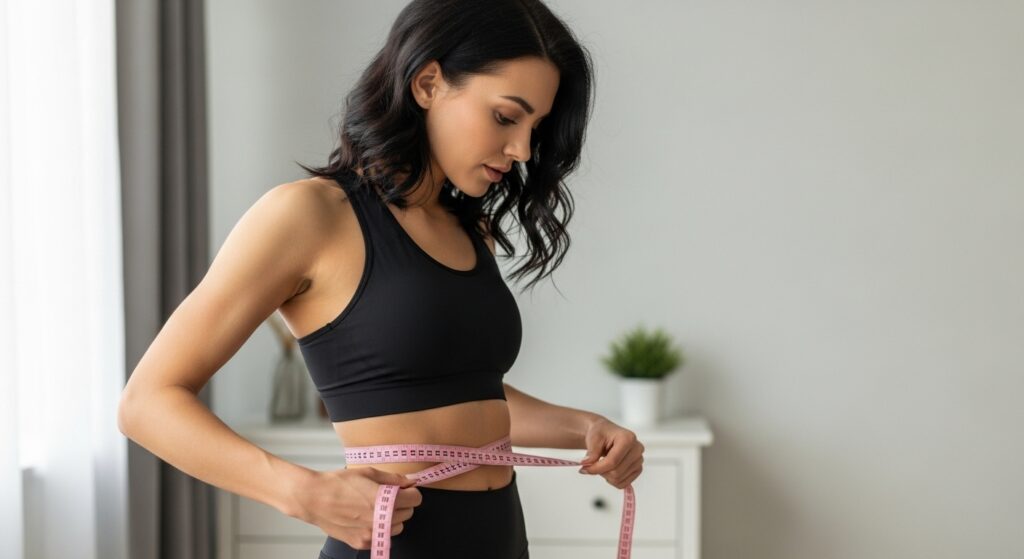 mujer midiéndose la cintura porque quiere reducir tallas y bajar de peso rápio
