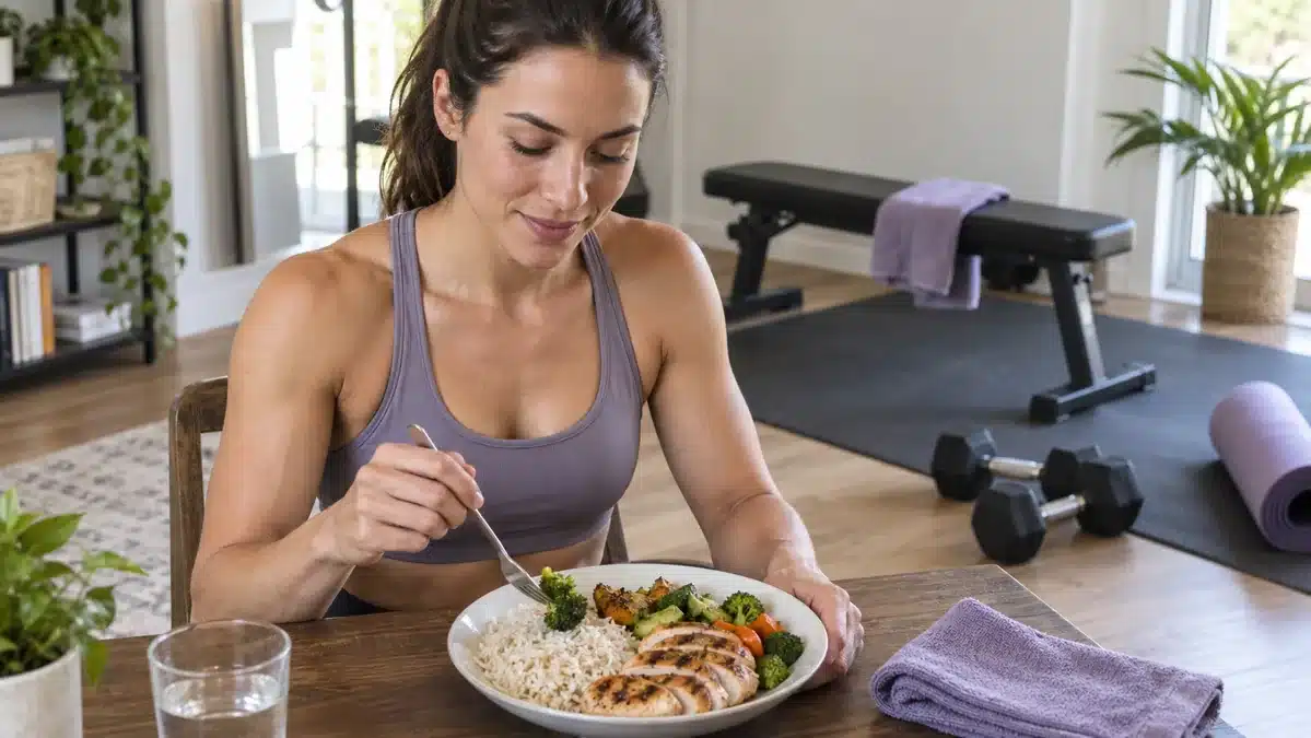 Deportista comiendo pollo, arroz y verduras junto a su equipo de entrenamiento de fuerza en casa