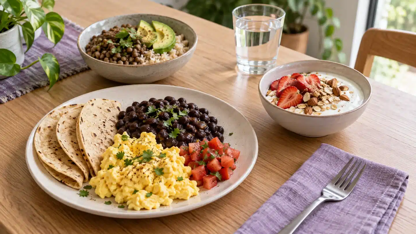 Combinaciones de alimentos con huevo, tortillas, frijoles, yogur, avena, lentejas y arroz