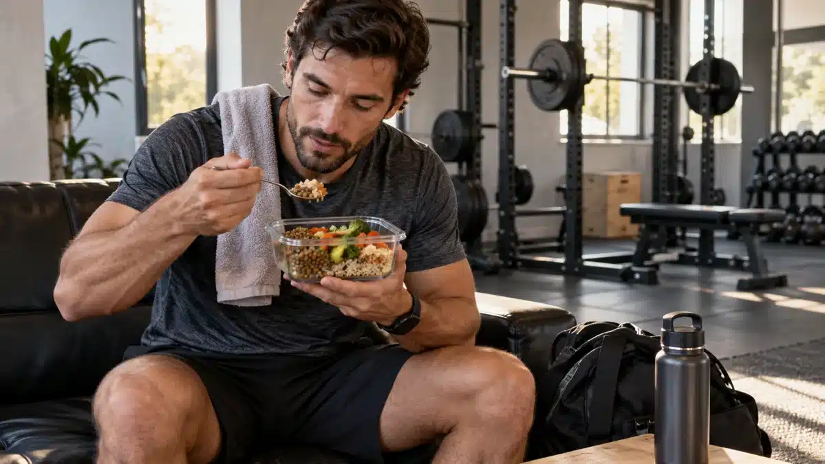 Deportista comiendo lentejas, arroz y verduras en la zona de descanso de un gimnasio