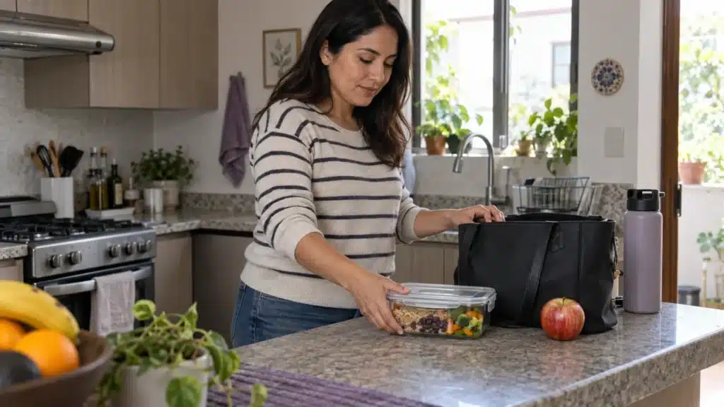 Mujer dejando lista una comida junto a su bolsa de trabajo