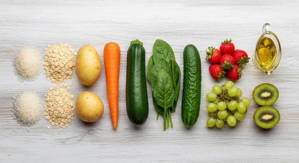 meal prep arroz pollo calabacín zanahoria vista cenital luz natural