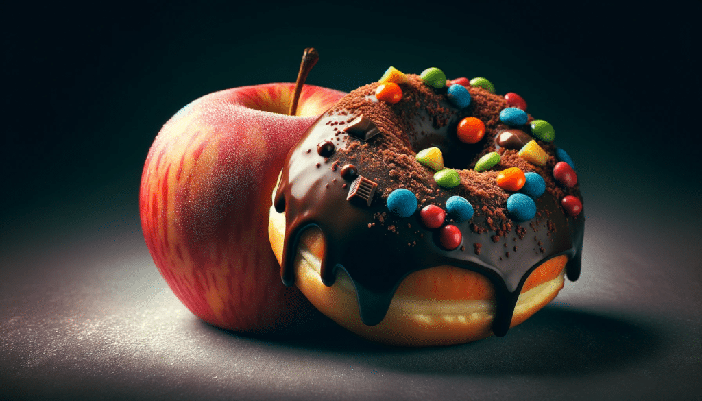 DALL·E 2023 11 10 18.49.57 Una manzana roja fresca y una dona donnut de chocolate con glaseado y chispas de colores colocadas lado a lado en una composicion horizontal. El co