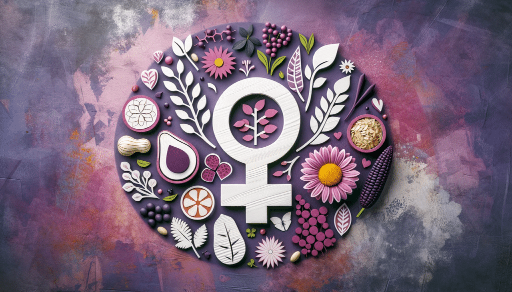 DALL·E 2023 11 28 20.19.24 Concepto de salud femenina con iconos de nutricion y feminidad como flores y vegetales en morado fondo abstracto con texturas naturales sensacion d