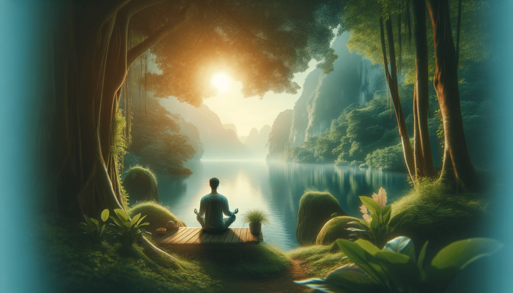 DALL·E 2023 11 29 20.53.17 A tranquil and soothing image depicting a person in a peaceful setting illustrating relaxation and mental well being. The scene includes a serene nat