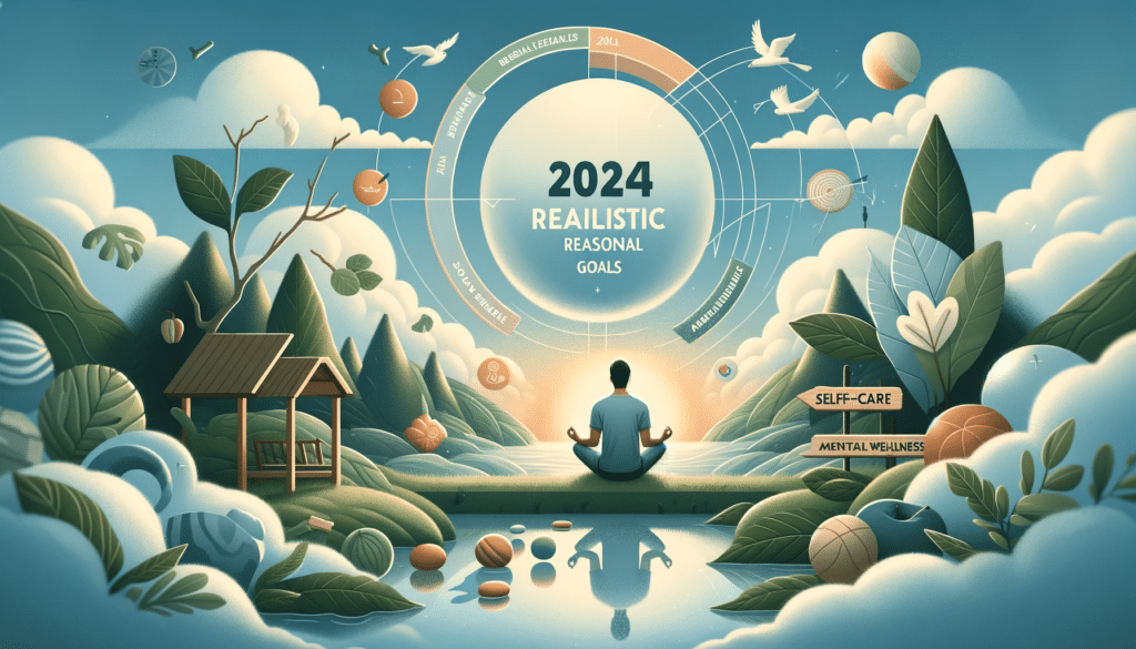 DALL·E 2024 01 02 18.56.25 A horizontal image illustrating the concept of realistic goals and personal health for New Years resolutions in 2024. The image should depict a seren