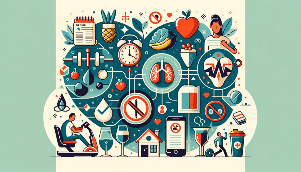 DALL·E 2024 01 05 19.10.53 Horizontal image depicting factors affecting blood pressure and habits for maintaining normal pressure. 1. Icons representing genetic and age factors