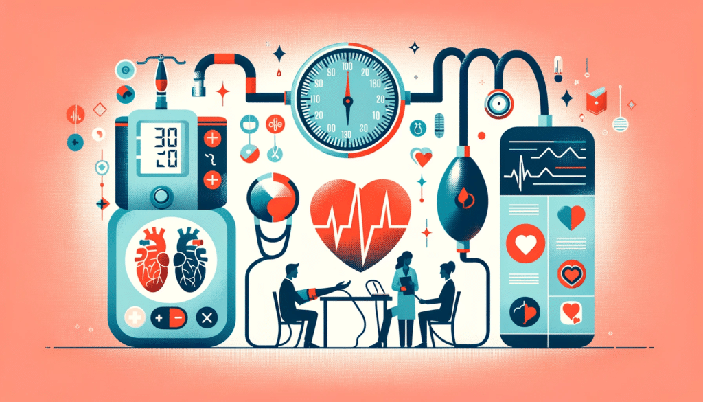 DALL·E 2024 01 05 19.17.18 Horizontal image depicting the importance of regular blood pressure monitoring. 1. An image of a blood pressure cuff and monitor symbolizing the meas