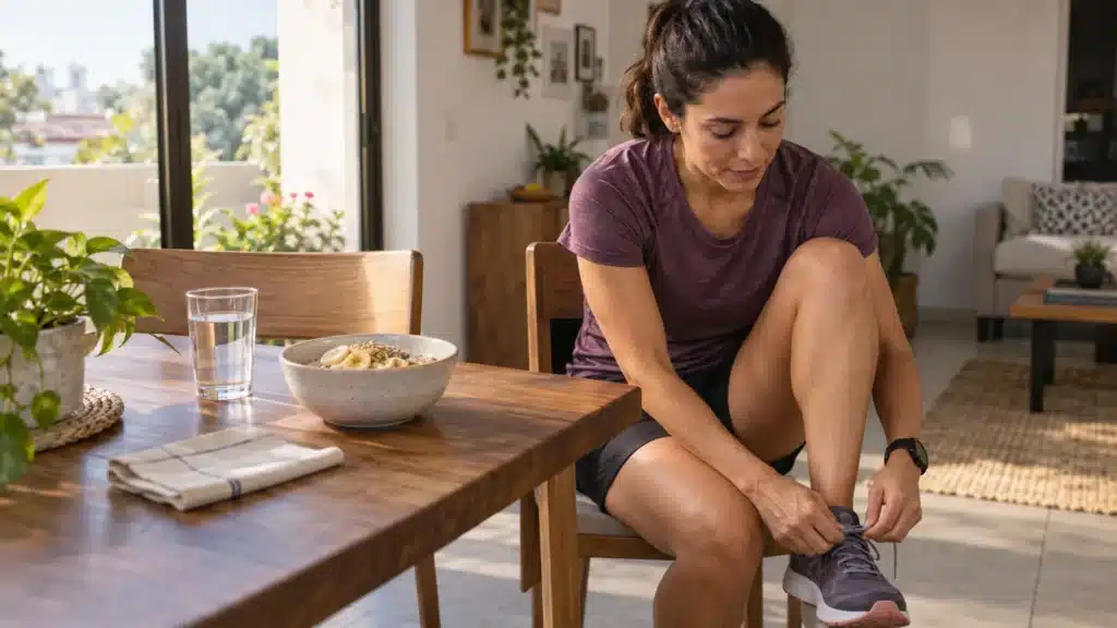 Corredora preparándose en casa junto a un desayuno de avena con plátano y un vaso de agua