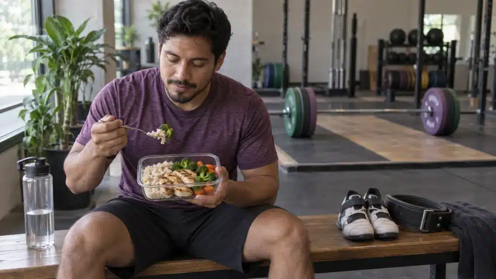 Deportista comiendo arroz con pollo y verduras después de una sesión de halterofilia
