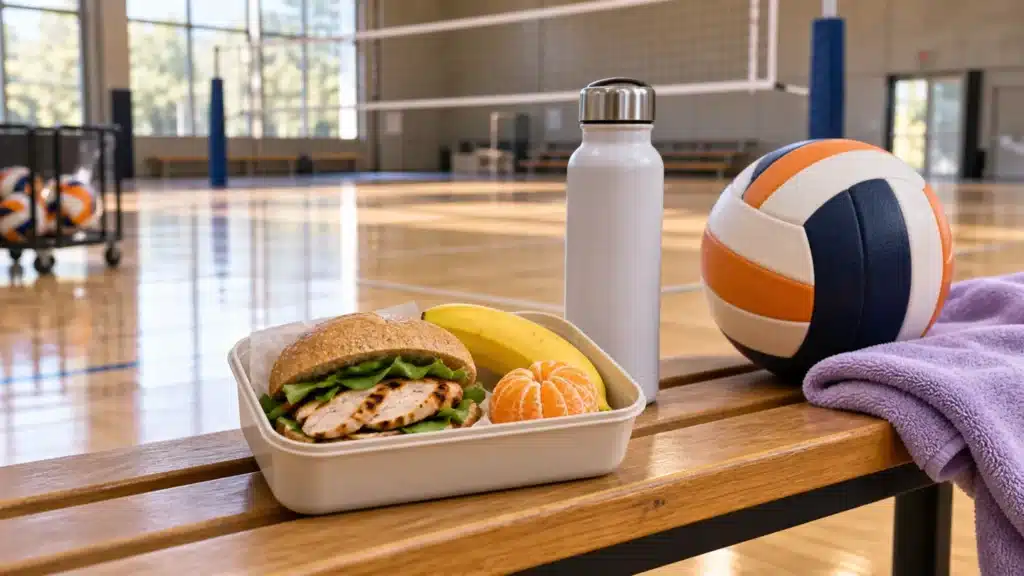 Sándwich de pollo, fruta y botella de agua junto a un balón en una cancha de voleibol