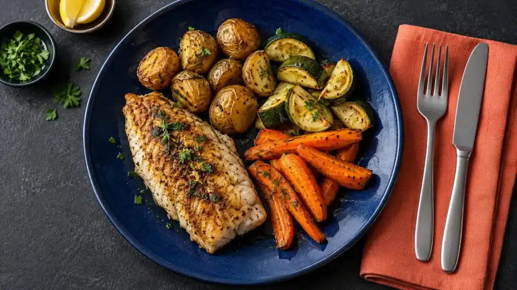 Filete de pescado rostizado con papas cambray, calabacitas y zanahorias en un plato azul
