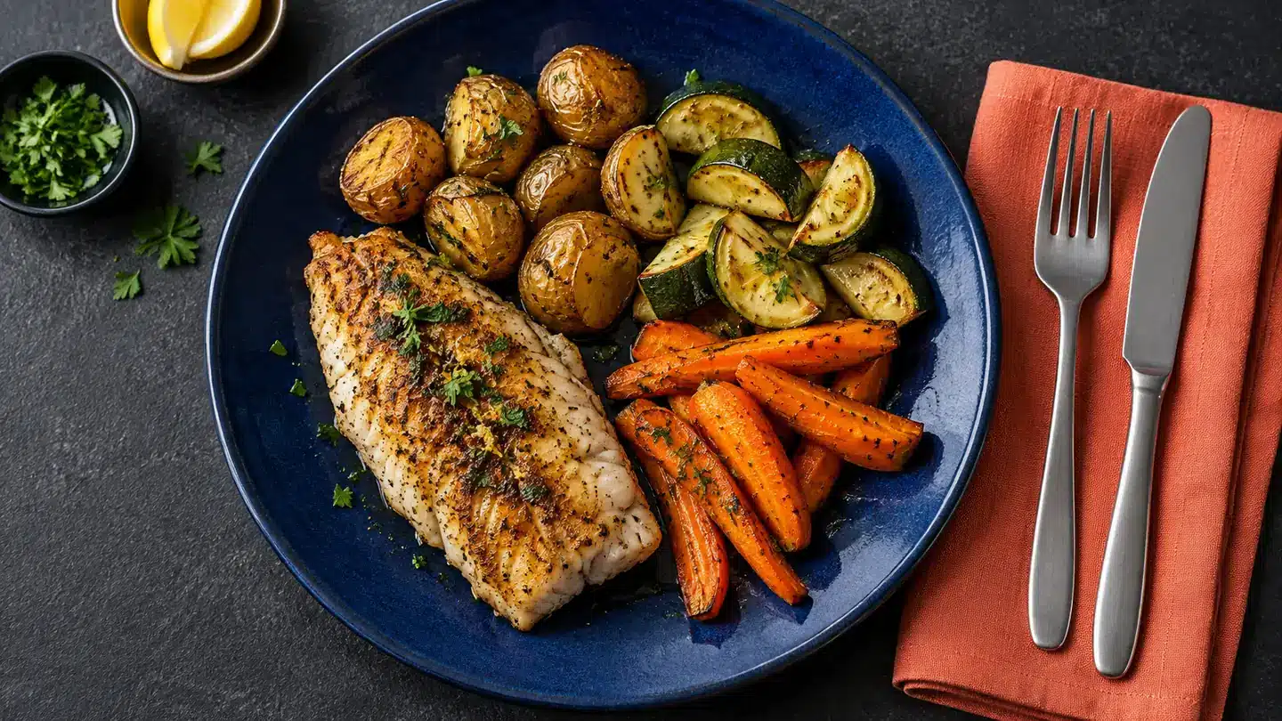 Filete de pescado rostizado con papas cambray, calabacitas y zanahorias en un plato azul
