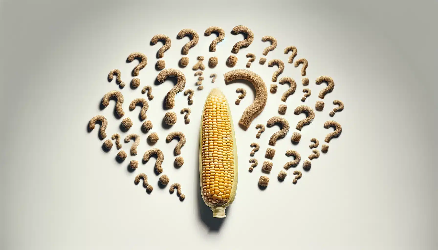 Debate sobre el maíz transgénico: Una mazorca de maíz transgénico con signos de interrogación alrededor, simbolizando el debate.