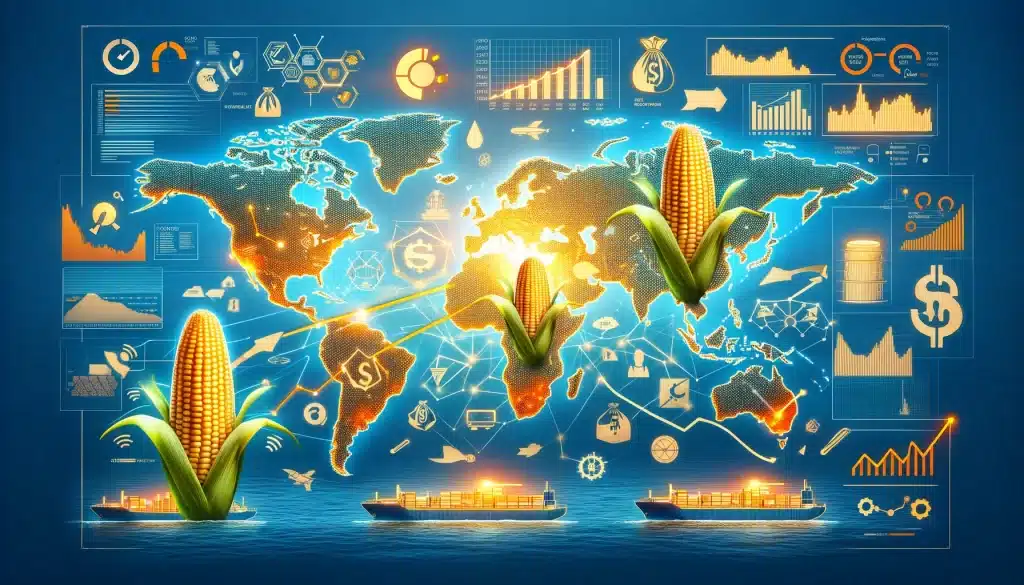 DALL·E 2024 03 17 13.26.40 A horizontal image depicting the role of genetically modified corn in the global market. The image should illustrate a world map as the background wi
