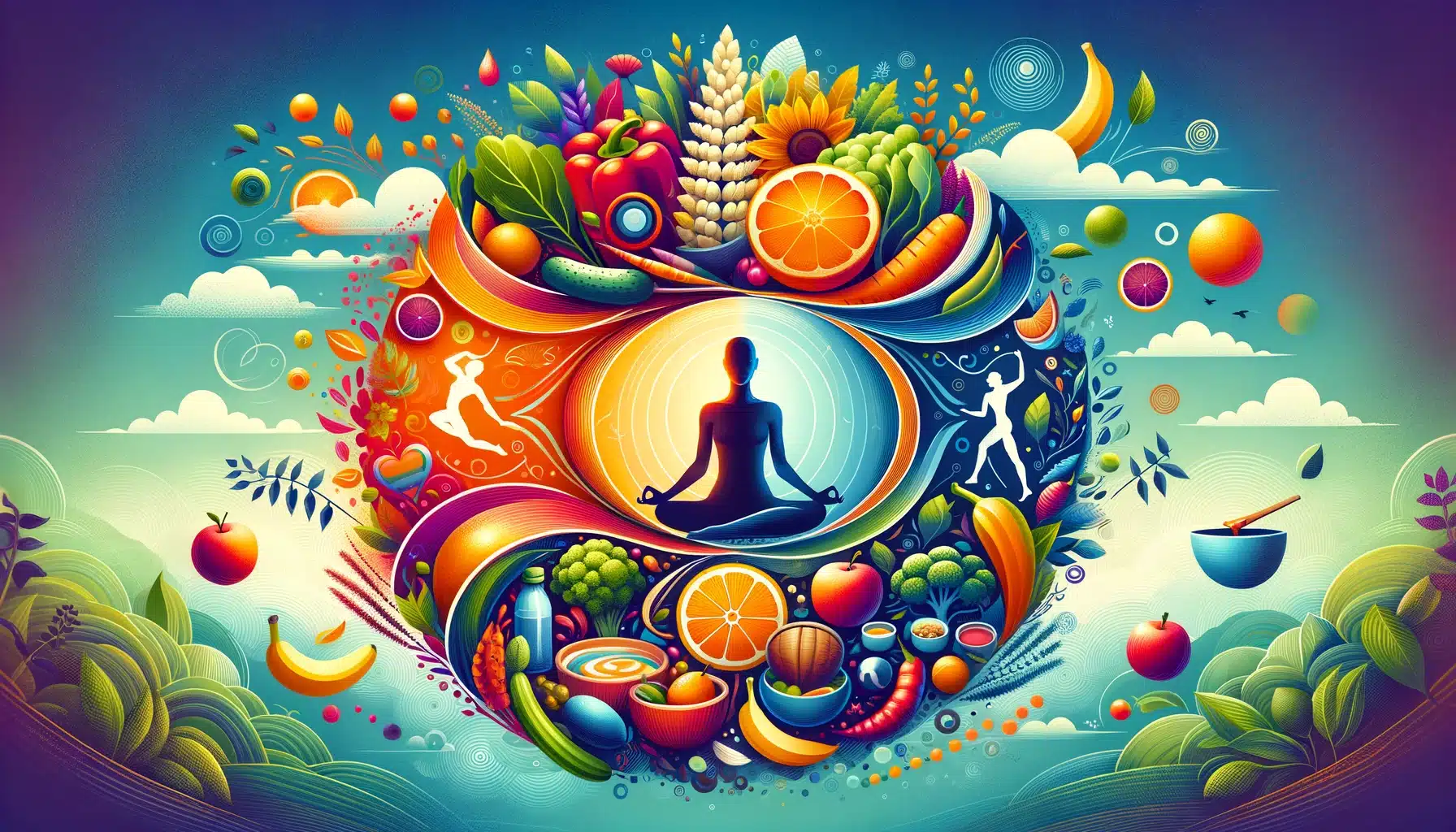 La ilustración refleja un equilibrio entre nutrición, actividad física y mindfulness