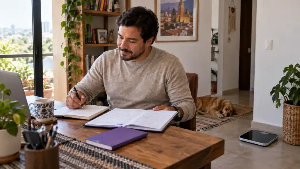 Hombre revisando un calendario y sus notas con una báscula junto al escritorio