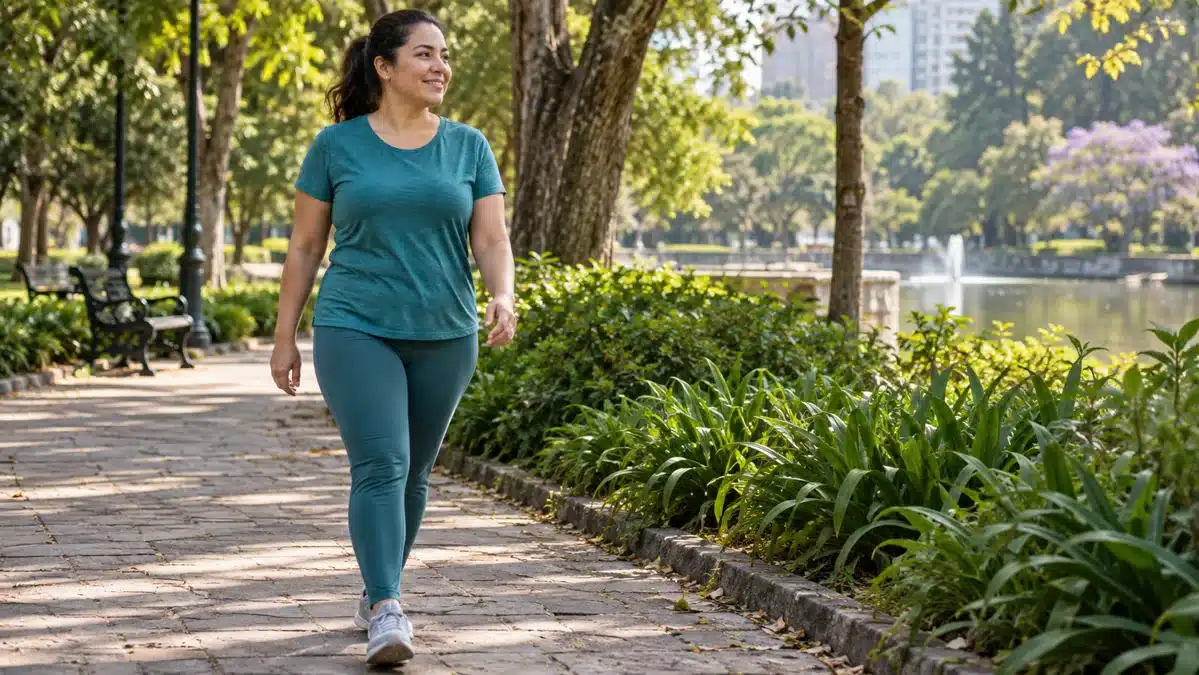 Mujer caminando en un parque durante la mañana