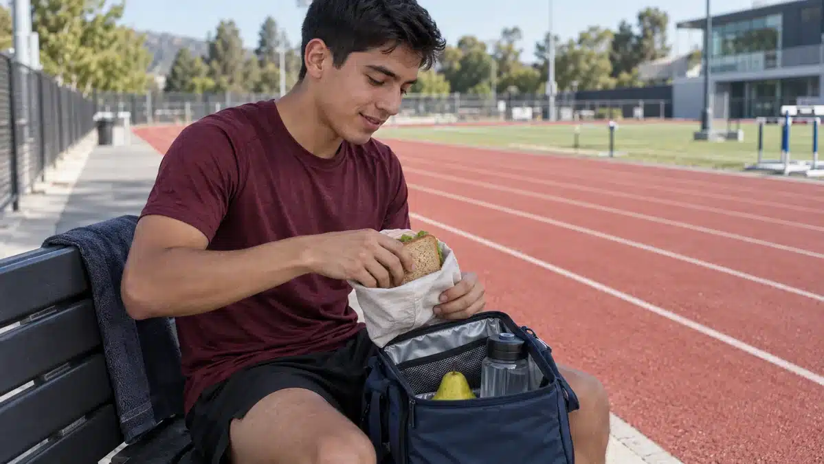 Joven sacando un sándwich y una pera de su lonchera junto a una pista de atletismo