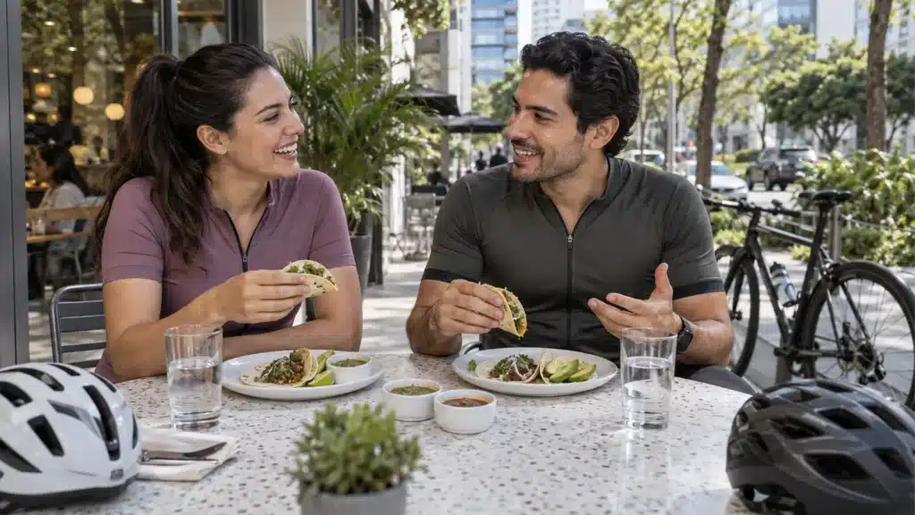 Pareja en ropa de ciclismo disfrutando tacos y agua en la terraza de un café contemporáneo