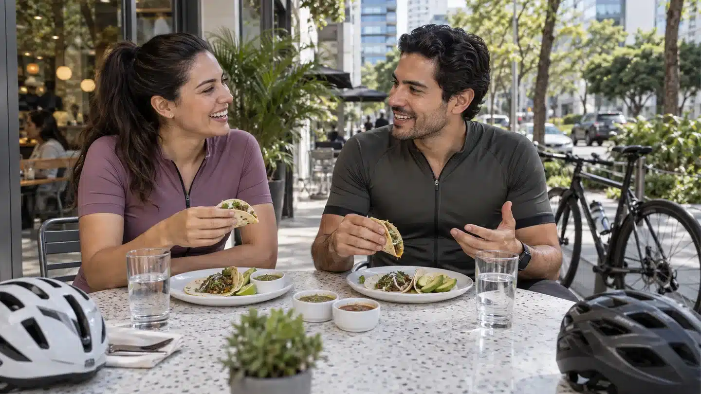 Pareja en ropa de ciclismo disfrutando tacos y agua en la terraza de un café contemporáneo