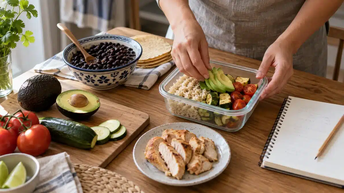 Preparación de una comida para llevar con arroz, verduras y alimentos cotidianos