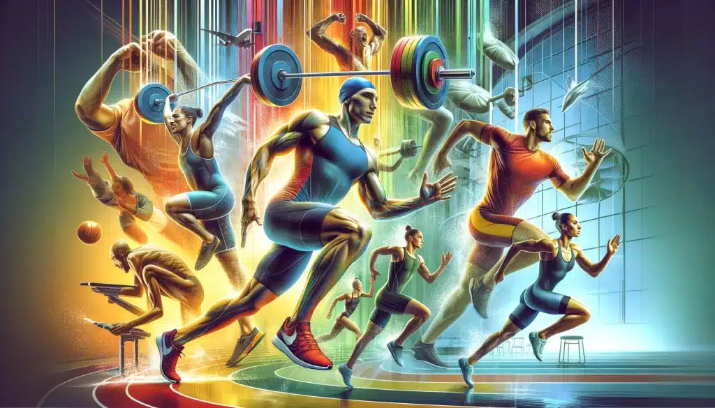 Imagen dinámica de un grupo diverso de atletas de élite, incluyendo un corredor de maratón masculino, una nadadora femenina y un levantador de pesas masculino, cada uno en acción en su respectivo ambiente deportivo, destacando la nutrición de alto rendimiento y las necesidades dietéticas individualizadas de cada atleta