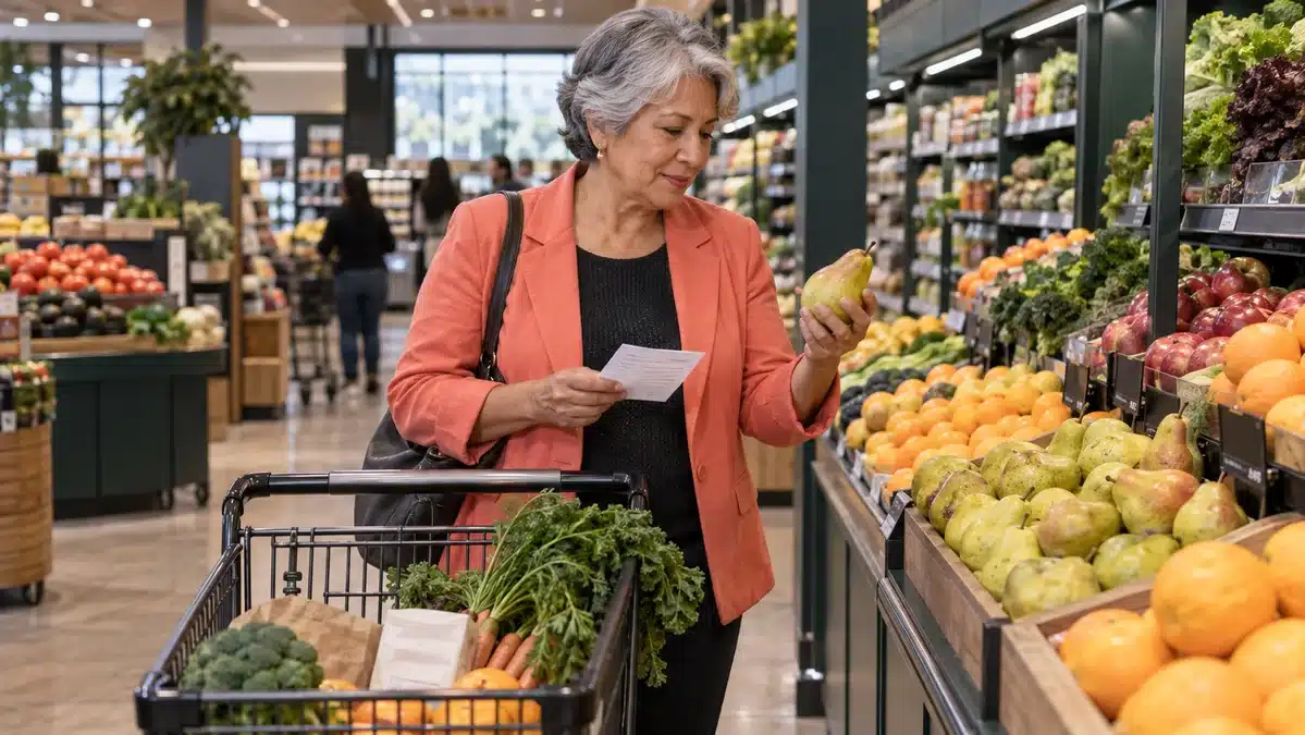 Mujer mayor eligiendo peras en el supermercado mientras revisa su lista de compras