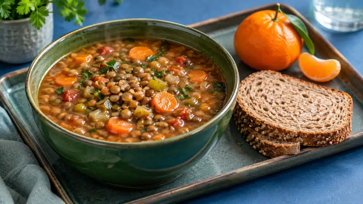 Sopa de lentejas con verduras en un tazón verde, acompañada de pan integral y mandarina
