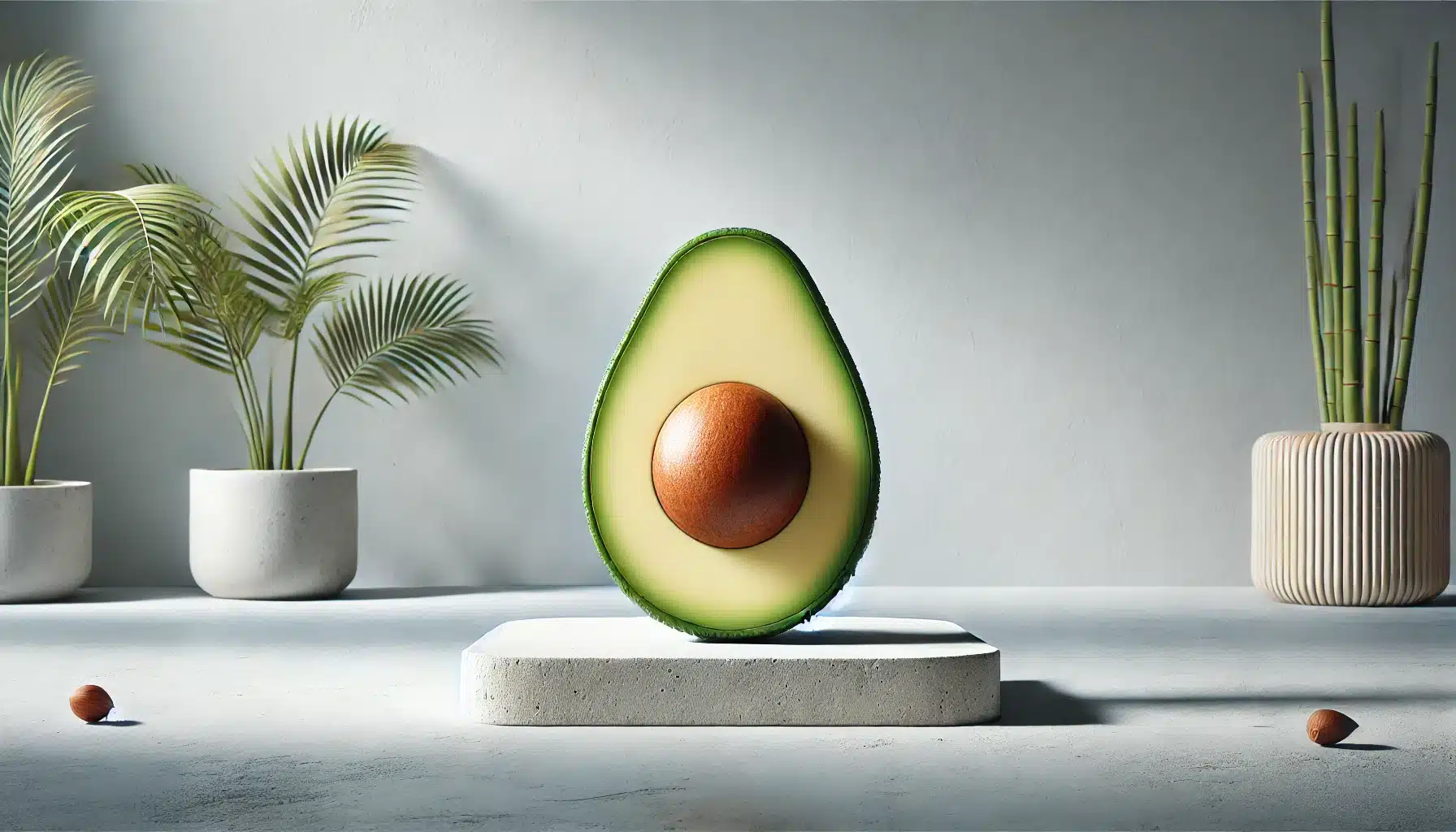 DALL·E 2024 07 12 23.05.22 A horizontal ultra realistic image of an avocado cut in half showcasing its creamy texture and seed. The background is clean and minimalistic empha