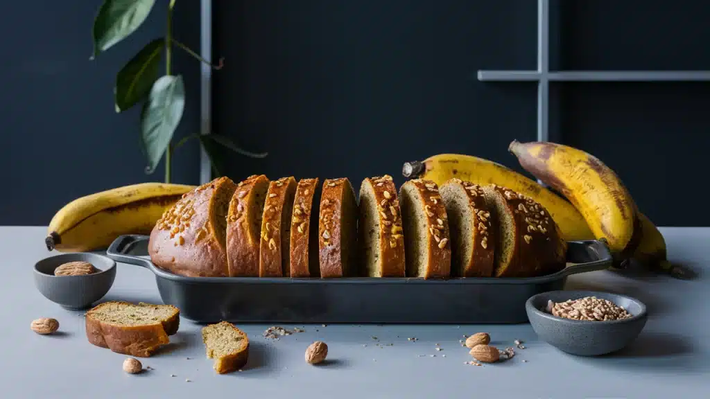 Pan de plátano fitness recién horneado, rebanado, sobre un fondo oscuro y minimalista. El pan es de color dorado con trozos visibles de nuez y una textura densa y húmeda en el interior. Hay algunos plátanos enteros y un pequeño tazón de nueces dispuestos artísticamente alrededor del pan. El escenario es moderno y limpio, con un enfoque en el pan.