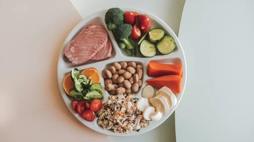 Plato de comida balanceada con proteínas, carbohidratos y vegetales, destacando la importancia de la dieta en el debate de dieta vs ejercicio.