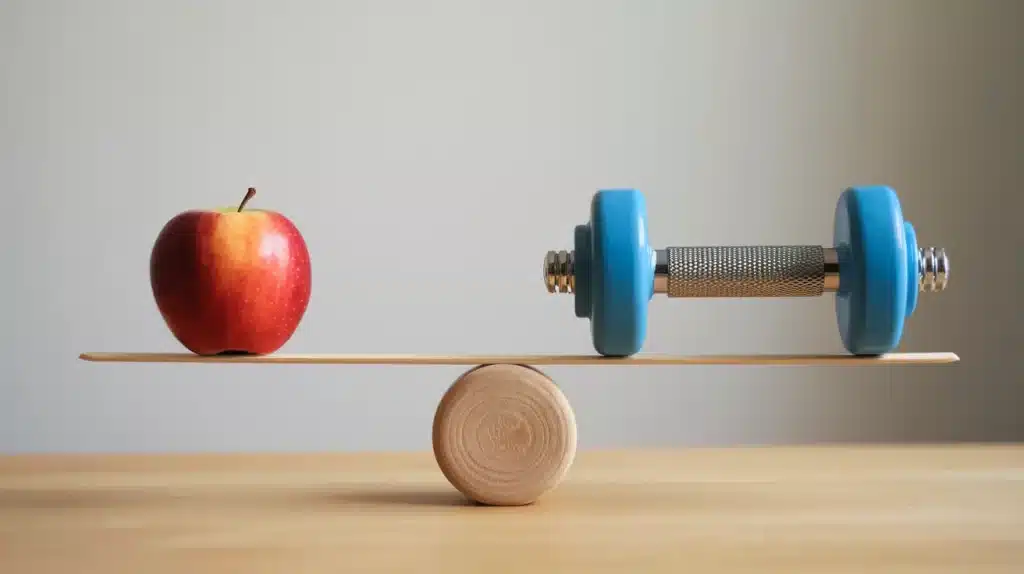 una manzana y una pesa, representando el equilibrio entre dieta vs ejercicio para una vida saludable.