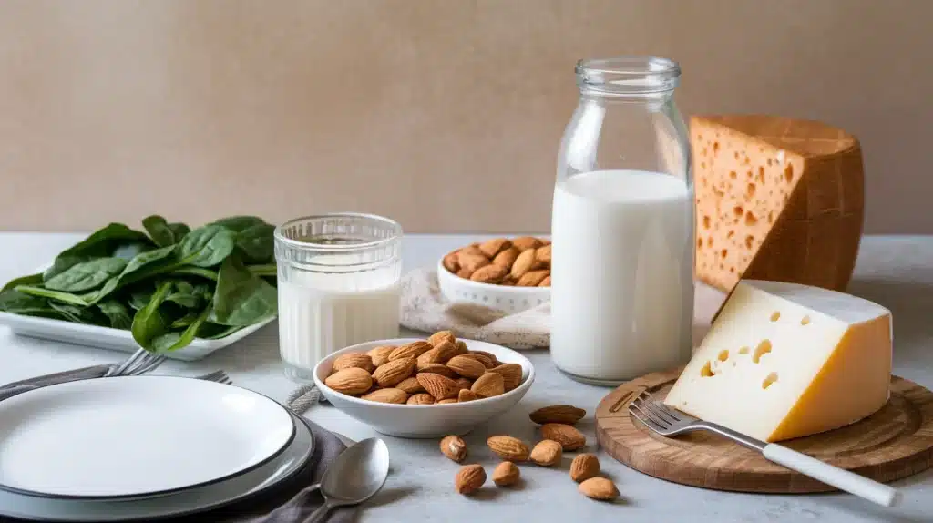 Mesa con alimentos ricos en calcio como parte de una dieta rica en calcio.