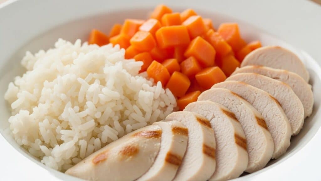 Dieta blanda de pechiga de pollo, arroz blanco hervido y zanahoria cocida