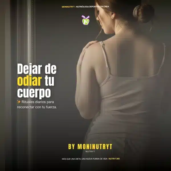 Dejar de odiar tu cuerpo: rituales diarios para reconectar con tu fuerza”, con ilustración de una mujer fuerte y serena abrazando su cuerpo, en tonos suaves y estilo cálido. Nutrición emocional, amor propio y autocuidado femenino.
