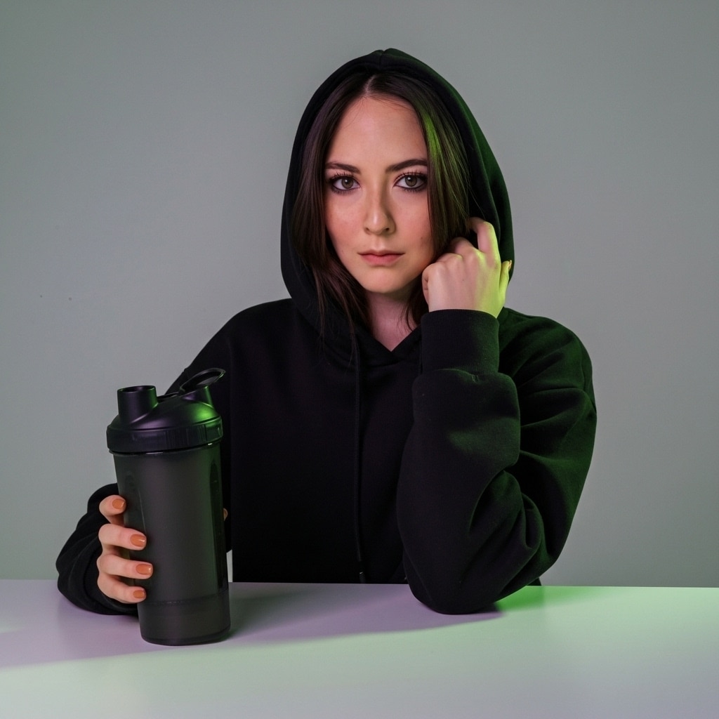 Nutriólogo deportivo con sudadera negra sosteniendo un shaker de proteína, fondo minimalista con tonos suaves.