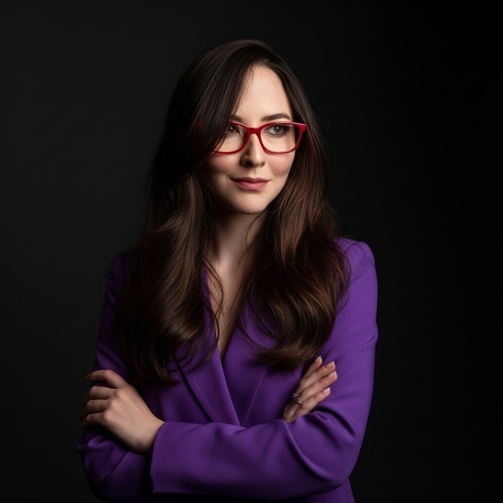 Nutrióloga en línea con saco morado y lente rojos.