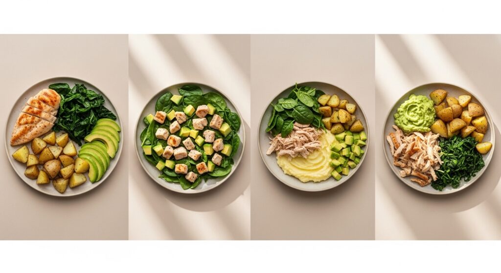 Cuatro platos diferentes hechos con los mismos alimentos de la lista de equivalentes pollo, papa, espinaca y aguacate, presentados como plato tradicional, ensalada, bowl y mezcla tibia, según el método Nutryt.