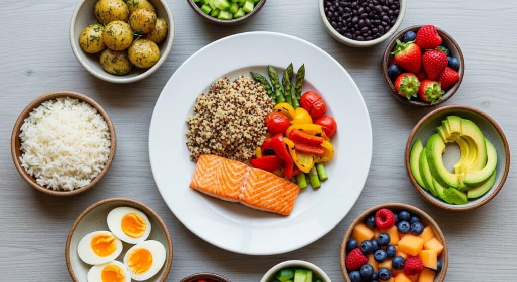 Mesa con alimentos reales usados en una dieta por equivalentes según el sistema mexicano, mostrando ejemplos de porciones equivalentes y comidas saludables.