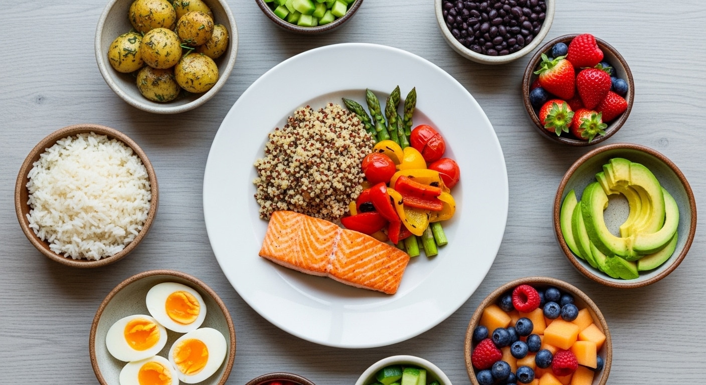 Mesa con alimentos reales usados en una dieta por equivalentes según el sistema mexicano, mostrando ejemplos de porciones equivalentes y comidas saludables.