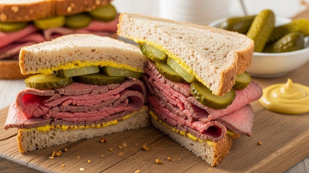 Sándwich Roast Beef de Pan integral, Roast beef, mostaza y pepinillos.