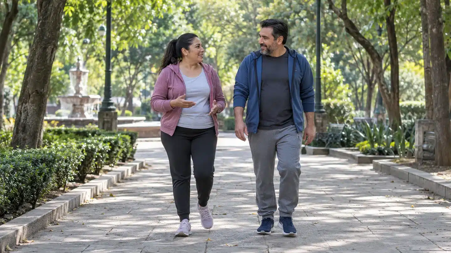 Dos personas caminando y conversando en un parque como parte de una vida saludable