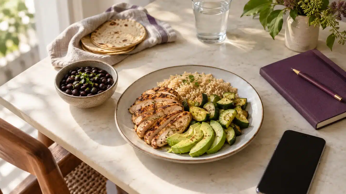 Plato con pollo, arroz, verduras y aguacate junto a frijoles, tortillas y una libreta de planificación.