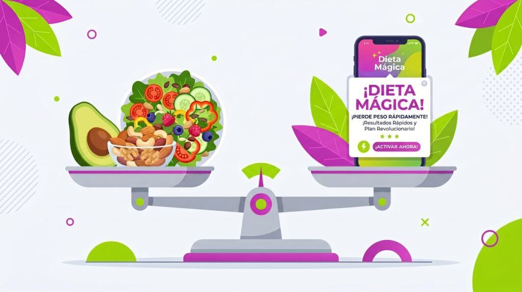 Ilustración de una balanza equilibrando comida saludable y un celular con dietas de internet.